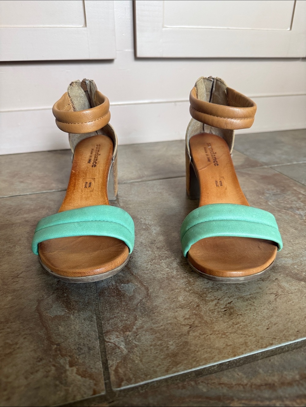 Sundance Two-Tone Ankle-Strap Block Heels in Tan and Mint